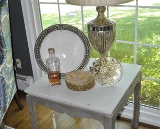 Fantastic painted grey wood and white stone top side table from Jones Kenna, 26"w x 24"h x 26"d