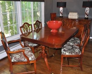 Gorgeous vintage mahogany double pedestal with one 12" leaf dining table, 62"w x 30"h x 42"d and 6 shield back dining chairs