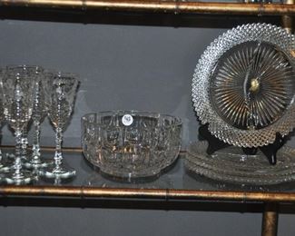 More etched vintage stemware, crystal bowl and divided depression glass plates