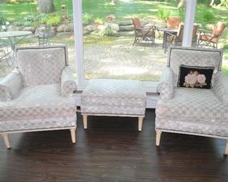 Spectacular cream colored Schmacher Lounge Chairs, one with ottoman