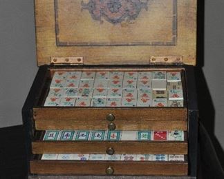 Amazing antique Mah Jong set in a carved and painted 4 drawer box