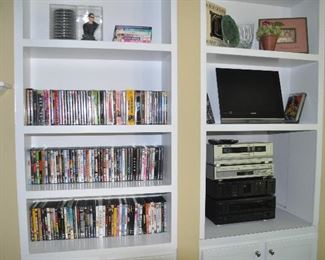 Fantastic collection of DVD’S and electronics including Denon surround receiver, Nakamichi cassette deck, Sony DVD/VCR player and Ion Tape2Pc.