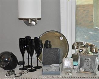 Retro telephone from Pottery barn (several available), antique round mirror/tray, champagne glasses, jewelry and more!