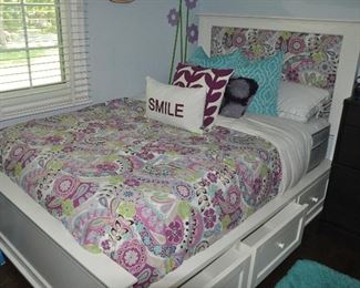 Great full-size Pottery Barn upholstered headboard with six lower drawers. Full King Koil mattress also available