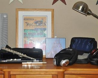 Stainless steel goose-neck lamp, head phones, Melmer flute with case and great headphones