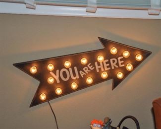 “You Are Here” arrow light wall art on wood board, 22” x 10”
