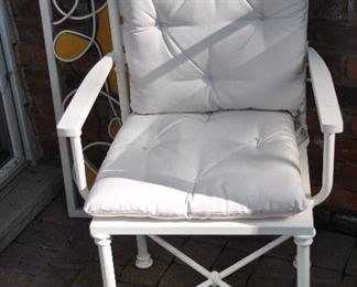 Great painted white metal chair. Pottery barn cushions sold separately. Chair is 22”w x 36”h x 13”d