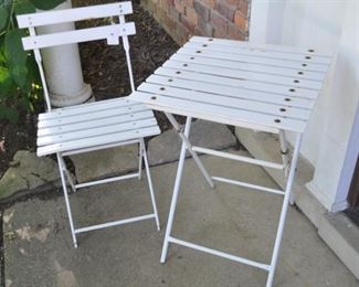 White metal folding chair and table, 20”w x 28”h x 20”d