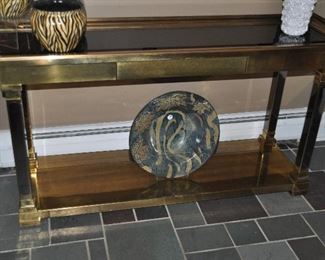 Antique brass Foyer Table with glass shelves, 62”w x 30.5” h x 18”d