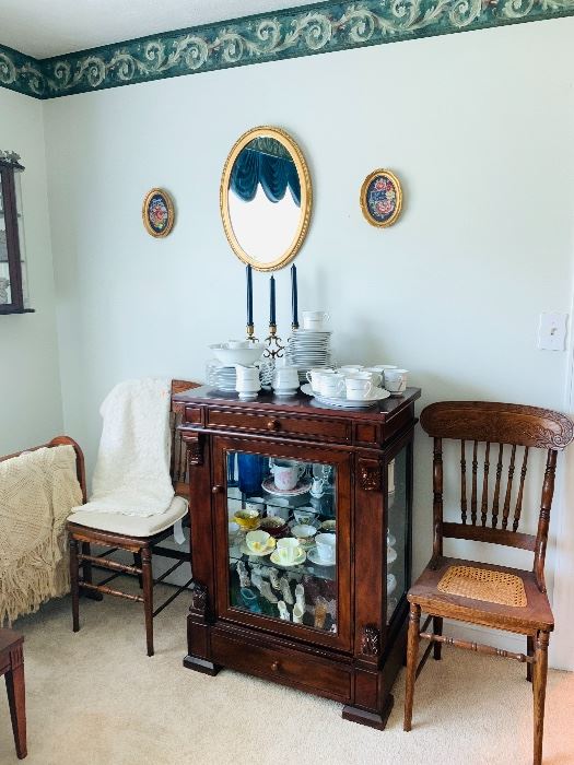 Mahogany Display Cabinet, Antique cups & saucers, shoes and more. 