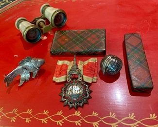 Interesting smalls... two pieces of antique Mauchline Ware (small plaid boxes) ... .999 silver goldfish .... sterling silver "walnut" box .... antique mother of pearl opera glasses