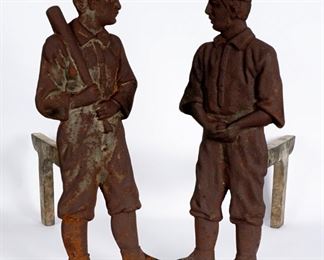 Pair Early 20th C Figural Baseball Player Andirons