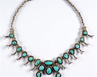 Silver and Turquoise Squash Blossom Necklace