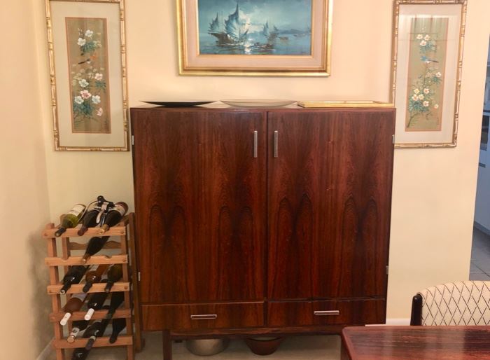 Magnificent Mid Century Danish Modern Rosewood Dining room set with Table , eight chairs Tall bar cabinet & credenza by Morgens Kold