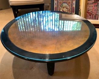 MCM gold leaf round glass top coffee table 