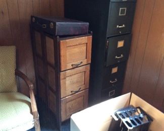 AN ANTIQUE FILE CABINET AND ANOTHER