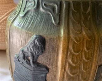 Danish urn with cover. Den Sonderjydske Vase made by Ove Jorgensen. The words say, “Don’t give up, One morning the sun will raise to freedom!”