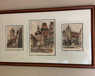 Framed original etchings by Reinhold Bach (1880-1960). Rothenburg, Germany. 
