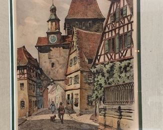 Framed original etchings by Reinhold Bach (1880-1960). Rothenburg, Germany. 