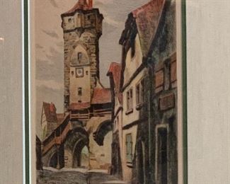 Framed original etchings by Reinhold Bach (1880-1960). Rothenburg, Germany. 