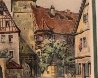 Framed original etchings by Reinhold Bach (1880-1960). Rothenburg, Germany. 