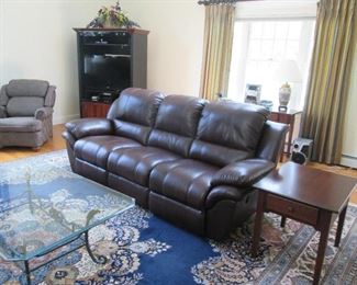 Like new Bobs Sofa, End Tables, Large Machine Oriental Rug, Glass Coffee Table