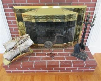 Fireplace Glass Brass Screen, Fire Tools, Brass Log Rack