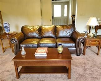 Leather couch, Lane Tables, Coffee Table