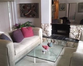 Custom Sofas & Glass & Lucite Coffee Table. SOFAS SOLD