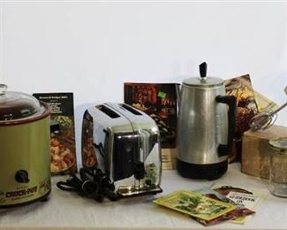 Retro Kitchen Appliances -Toaster, Percolator, Hand Mixer, Crock Pot (Avocado Green) and Cookbooks