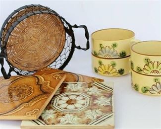 Metal/woven basket, 4 Soup Bowls and 3 ceramic tile trivets