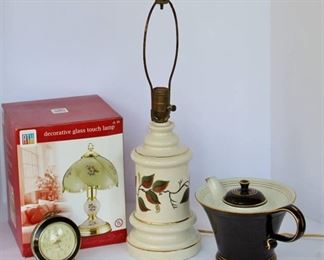 Vintage wind-up Alarm Clock, New Glass Touch Lamp, Halls Black Teapot