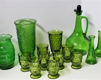 Green Glass Lot - 1976 Wine World Decanter, Vases and Glasses