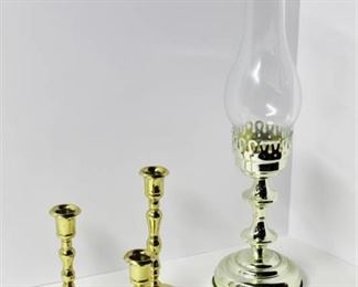 Party Lite - 3 brass candlesticks and 1 brass candle lantern