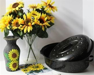 Sunflowers - Cheese plate/knife set (new in pkg), roaster, kitchen towel, vase...
