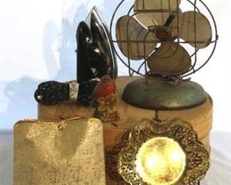 Vintage Cool Fan, iron, round wood box, ashtray, bird figurine