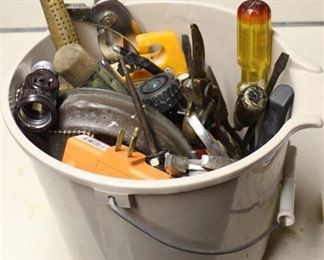 Bucket Full of Misc Tools; Vintage sprinkler, nozzles, wrenches, screwdrivers and more