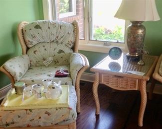 Rattan Chair & Ottoman that match Rattan Sofa.  Also a Rattan/Glass End Table 