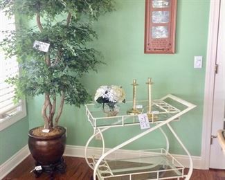Metal/Glass Rolling Serving Cart & a Very nice Silk Tree
