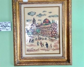 Hand-Colored Etching on Tile-'Jewish Wailing Wall' signed by Artist: Sarenson