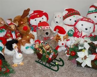 1980's Santa Bears, floral arrangements, Christmas ornaments, candles, wreaths, garland