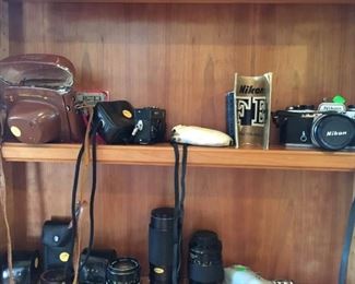 Vintage Cameras, lenses, light meters, tripod