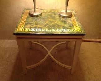 Hand painted faux marble table.  Green marble design with gold Greek key border.