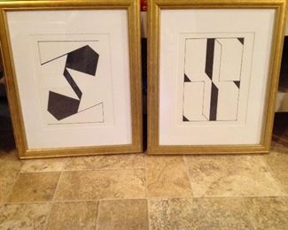 Two out of four framed original modern drawings