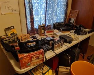 vintage iron, radios, vintage phones, vintage trash cans, vintage luggage