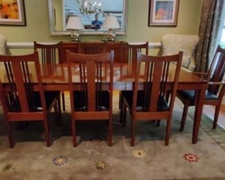 Stickley metropolitan dining room table chairs and sideboard. All pieces in fantastic condition. Cherry wood.  H- 30" W-42" L-100 includes two leaves 