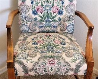 Wooden armed fabric chair. 