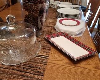 Princess house pedestal cake dome. Very unusual leather table runner with beads.