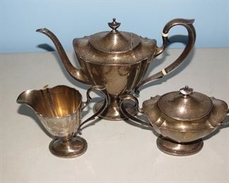 ANTIQUE STERLING COFFEE POT, CREAM AND SUGAR.