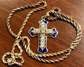 Antique enameled cross on 14 K chain and 2.5 K mind cut diamonds